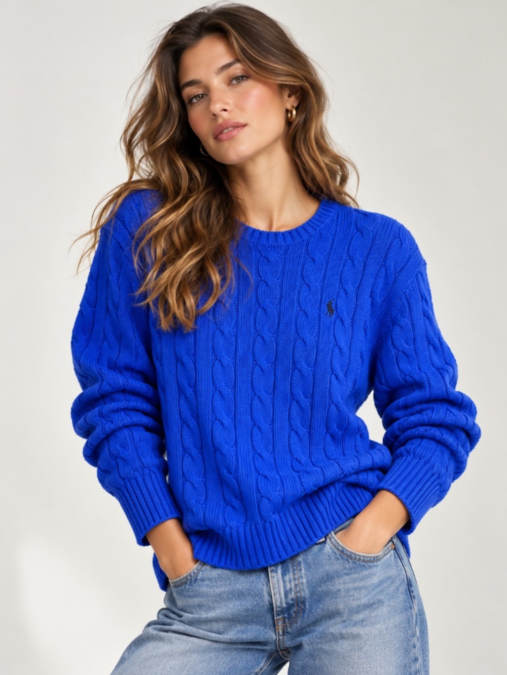 Polo Ralph Lauren Cable Knit Cotton Sweater Royal Blue Size L